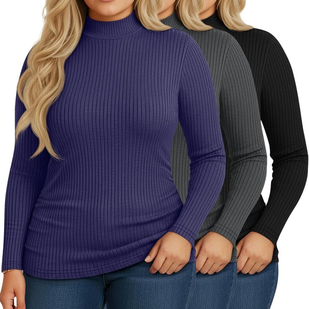 3 Pack Women's Ribbed Plus Size Mock Turtleneck Tops Slim Fit Long Sleeve
